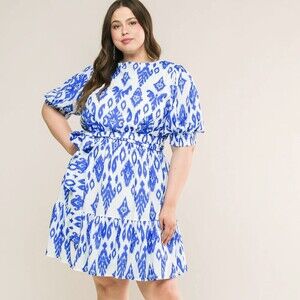 Flying Tomato Dress Womens Size 1X Blue White A-Line Puff Sleeve